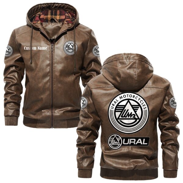 Custom Name Ural Motorcycles PU Leather Hooded Jacket - Personalized Logo Car Motorcycle Model - Image 3