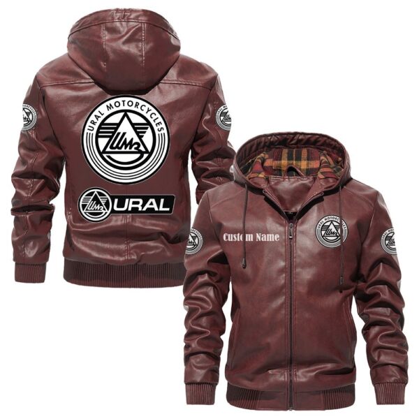 Custom Name Ural Motorcycles PU Leather Hooded Jacket - Personalized Logo Car Motorcycle Model - Image 2