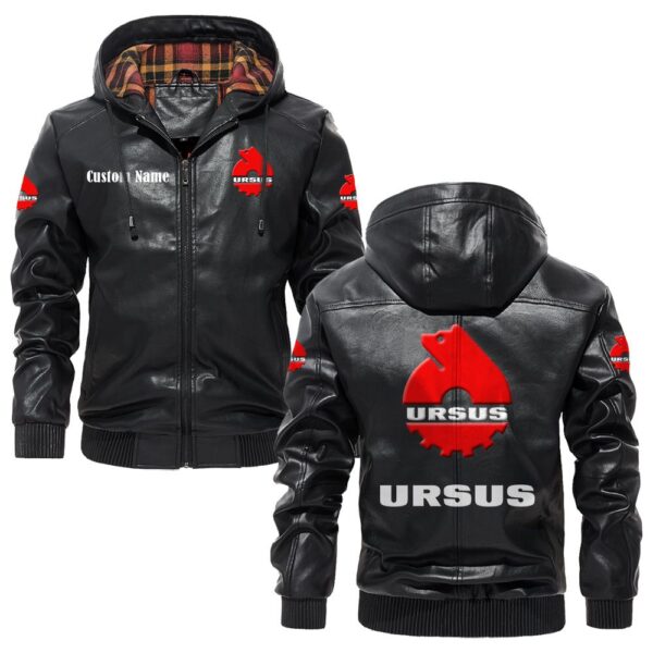 Custom Name Ursus PU Leather Hooded Jacket - Personalized Logo Car Motorcycle Model