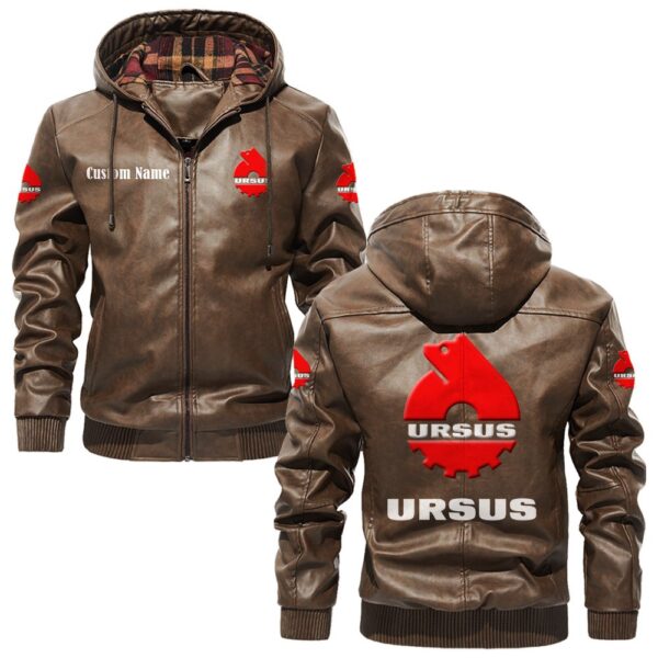 Custom Name Ursus PU Leather Hooded Jacket - Personalized Logo Car Motorcycle Model - Image 3