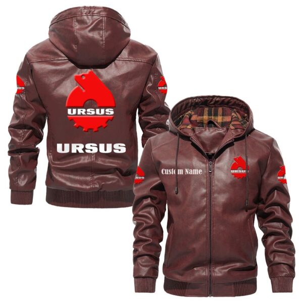 Custom Name Ursus PU Leather Hooded Jacket - Personalized Logo Car Motorcycle Model - Image 2