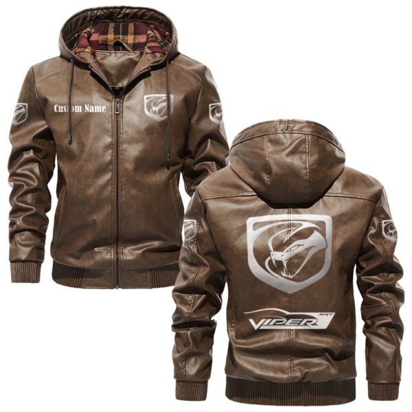 Custom Name Viper PU Leather Hooded Jacket - Personalized Logo Car Motorcycle Model - Image 3