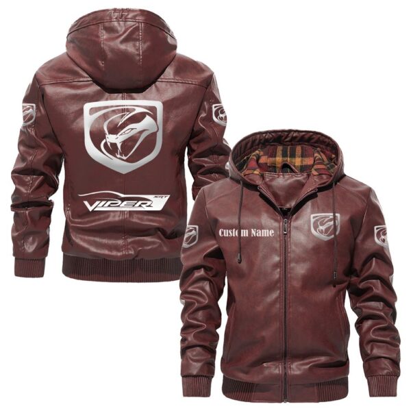 Custom Name Viper PU Leather Hooded Jacket - Personalized Logo Car Motorcycle Model - Image 2