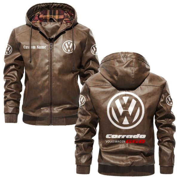 Custom Name Volkswagen Corrado G60 PU Leather Hooded Jacket - Personalized Logo Car Motorcycle Model - Image 3