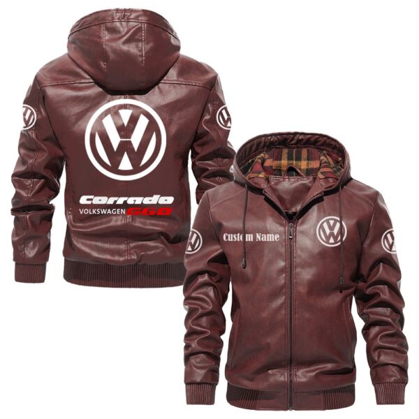 Custom Name Volkswagen Corrado G60 PU Leather Hooded Jacket - Personalized Logo Car Motorcycle Model - Image 2