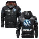 Custom Name Volkswagen Golf PU Leather Hooded Jacket - Personalized Logo Car Motorcycle Model