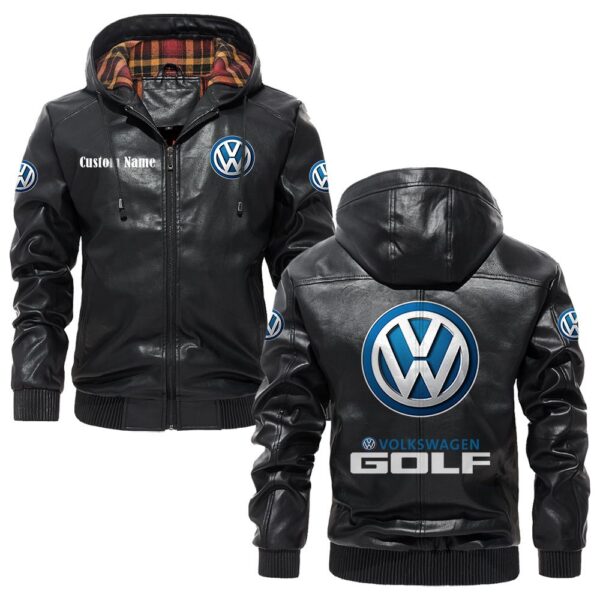 Custom Name Volkswagen Golf PU Leather Hooded Jacket - Personalized Logo Car Motorcycle Model