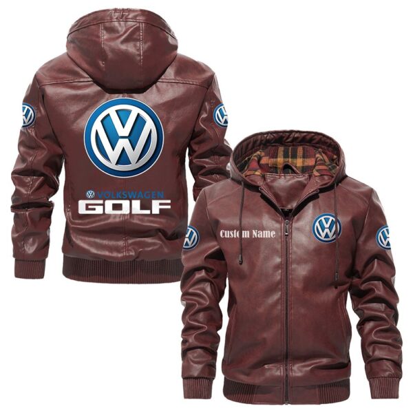 Custom Name Volkswagen Golf PU Leather Hooded Jacket - Personalized Logo Car Motorcycle Model - Image 2