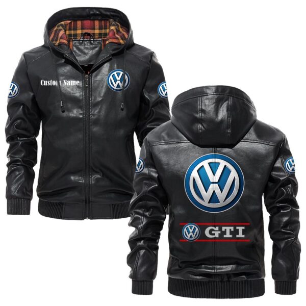 Custom Name Volkswagen Gti PU Leather Hooded Jacket - Personalized Logo Car Motorcycle Model