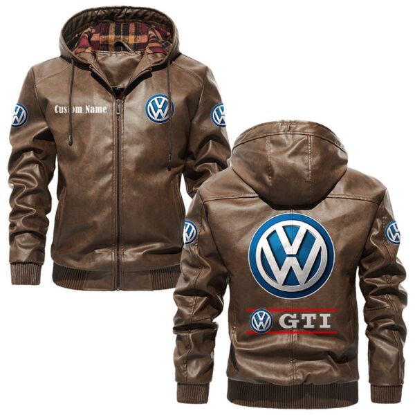 Custom Name Volkswagen Gti PU Leather Hooded Jacket - Personalized Logo Car Motorcycle Model - Image 3