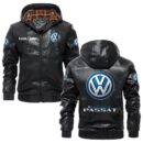 Custom Name Volkswagen Passat PU Leather Hooded Jacket - Personalized Logo Car Motorcycle Model