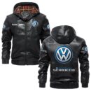 Custom Name Volkswagen Scirocco PU Leather Hooded Jacket - Personalized Logo Car Motorcycle Model