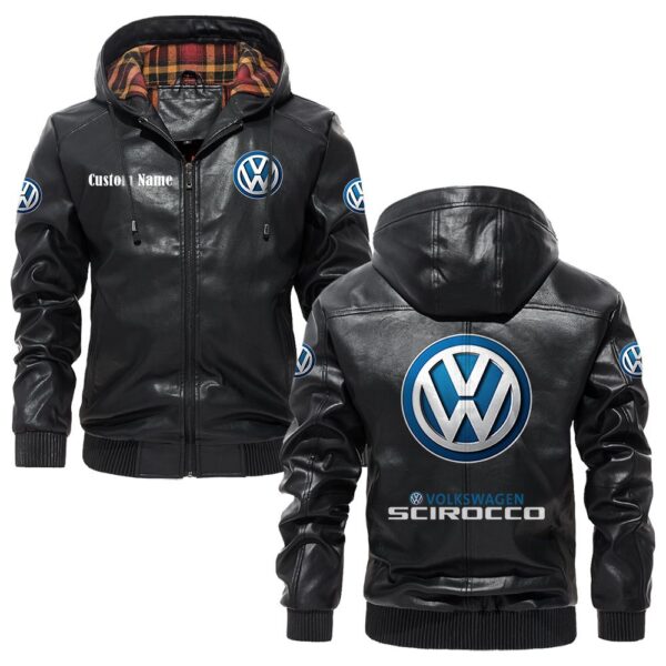 Custom Name Volkswagen Scirocco PU Leather Hooded Jacket - Personalized Logo Car Motorcycle Model