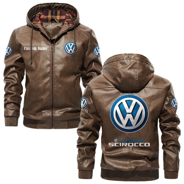 Custom Name Volkswagen Scirocco PU Leather Hooded Jacket - Personalized Logo Car Motorcycle Model - Image 3