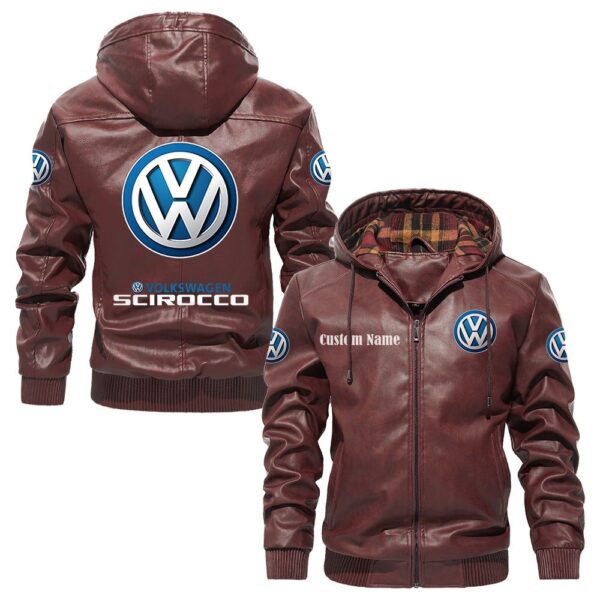 Custom Name Volkswagen Scirocco PU Leather Hooded Jacket - Personalized Logo Car Motorcycle Model - Image 2