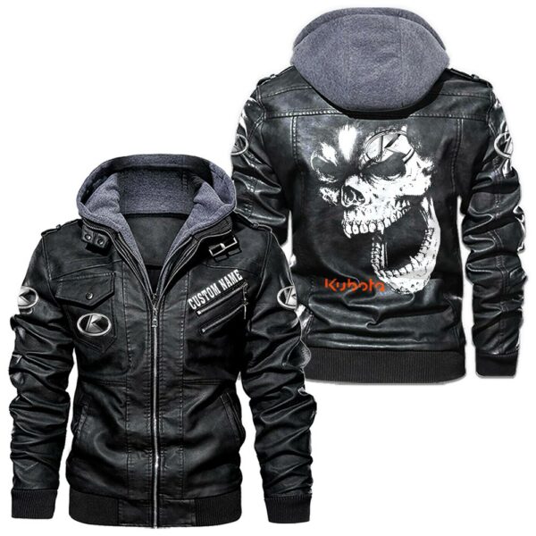 Custom Name Kubota Skull Leather Jacket - Personalized Logo Car Motorcycle Model