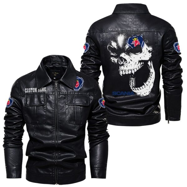 Custom Name Scania Skull Leather Jacket - Personalized Logo Car Motorcycle Model - Image 7