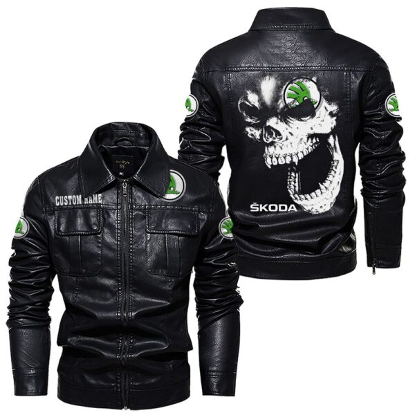 Custom Name Skoda Skull Leather Jacket - Personalized Logo Car Motorcycle Model - Image 7