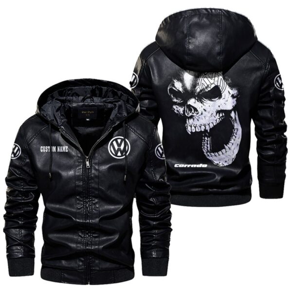 Custom Name Volkswagen Corrado G60 Skull PU Leather Hooded Jacket - Personalized Logo Car Motorcycle Model - Image 5