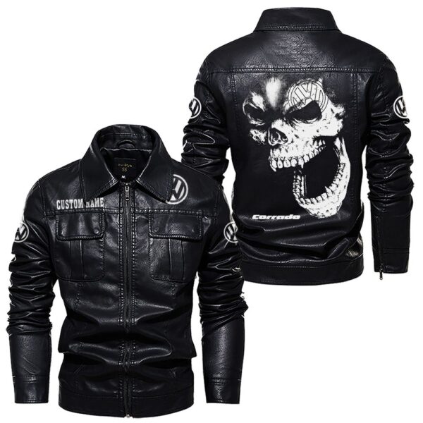 Custom Name Volkswagen Corrado G60 Skull PU Leather Hooded Jacket - Personalized Logo Car Motorcycle Model - Image 7