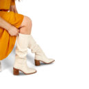 White Square Toe Knee-High Boots with Block Heel - Coucou Tall Leather Boots Sun9