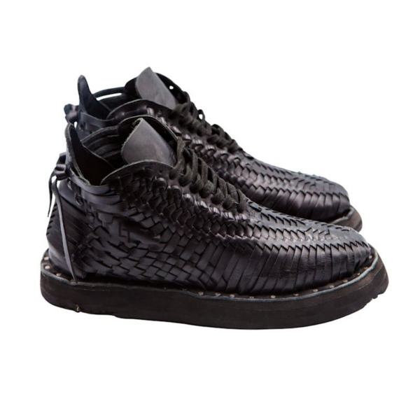 Handcrafted Woven Black Leather Boots | Upcycled Tractor Tire Sole Sun16